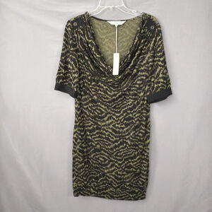 Trina Turk Dress Womens 10 Green Animal Print Cowl Neck Shift Silk Tencel NEW